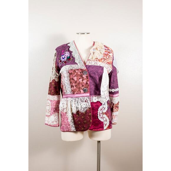 Vintage 90s Lace Floral Patchwork Romantic Quilted RenFaire Handmade Jacket L XL